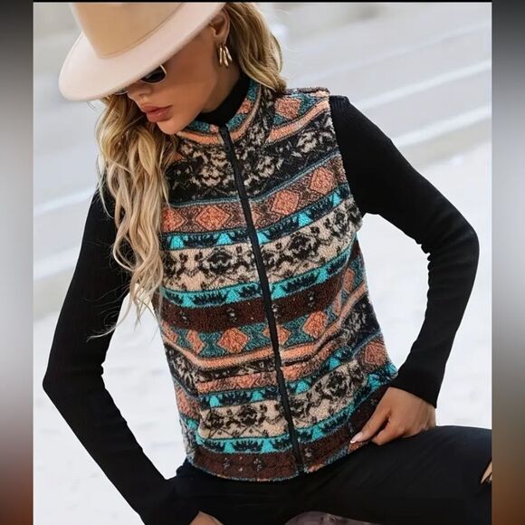 Patterned Multicolor Women's Vest western Aztec fleece - Picture 1 of 7